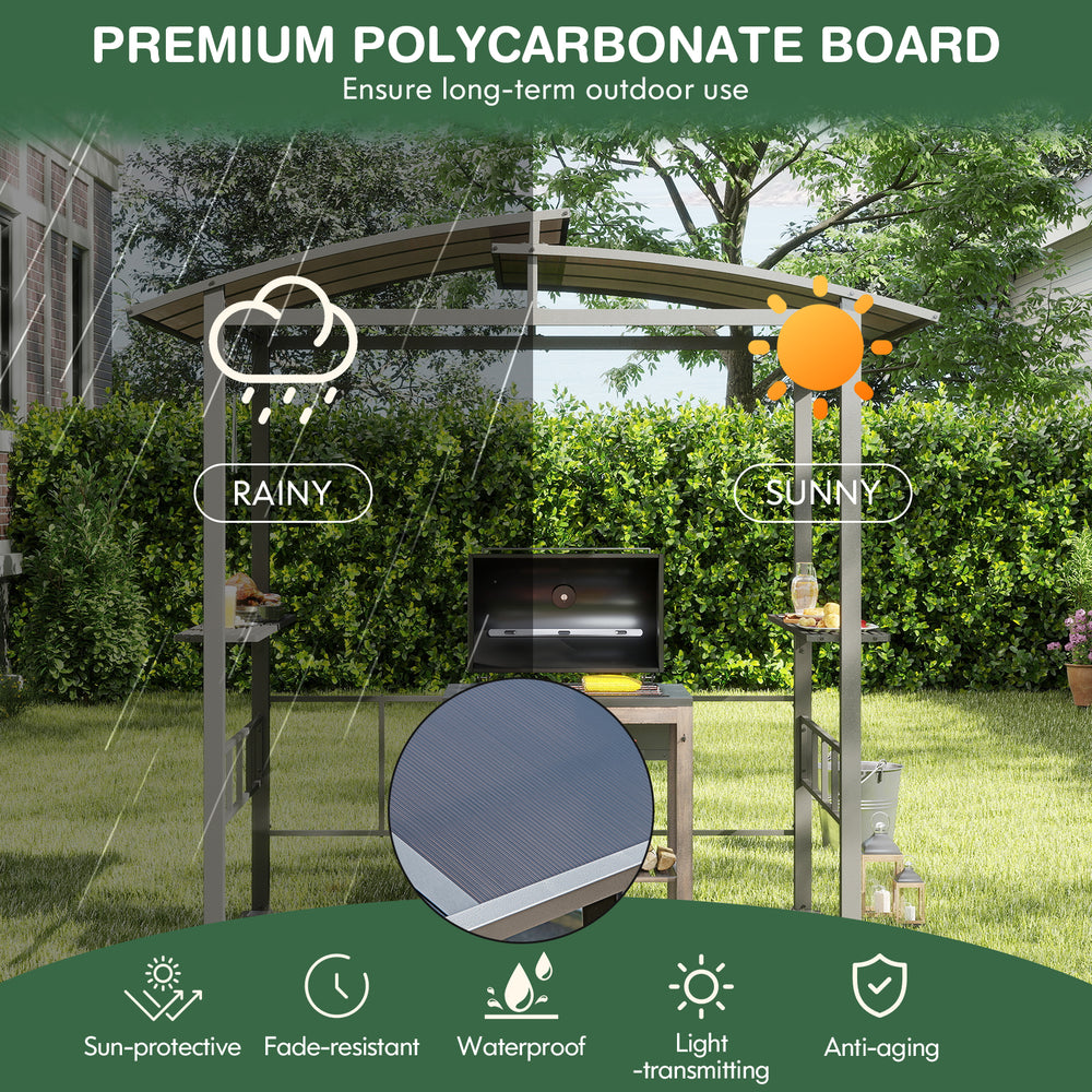 Hardtop grill gazebo with vented polycarbonate roof, featuring side shelves and weather-resistant design for outdoor.