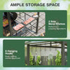 Hardtop grill gazebo with black side shelves and six hanging hooks for organized cooking utensils and ample prep space.