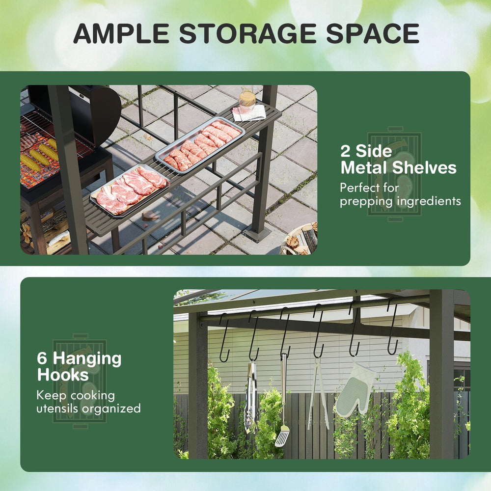 Hardtop grill gazebo with black side shelves and six hanging hooks for organized cooking utensils and ample prep space.