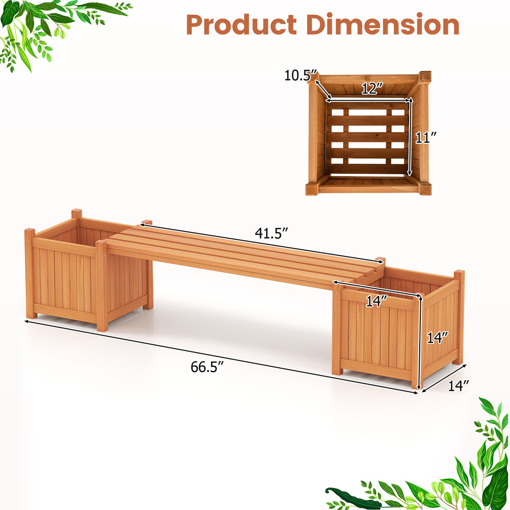Hardwood planter box with bench, featuring two side flower boxes and dimensions for outdoor gardening and relaxation.