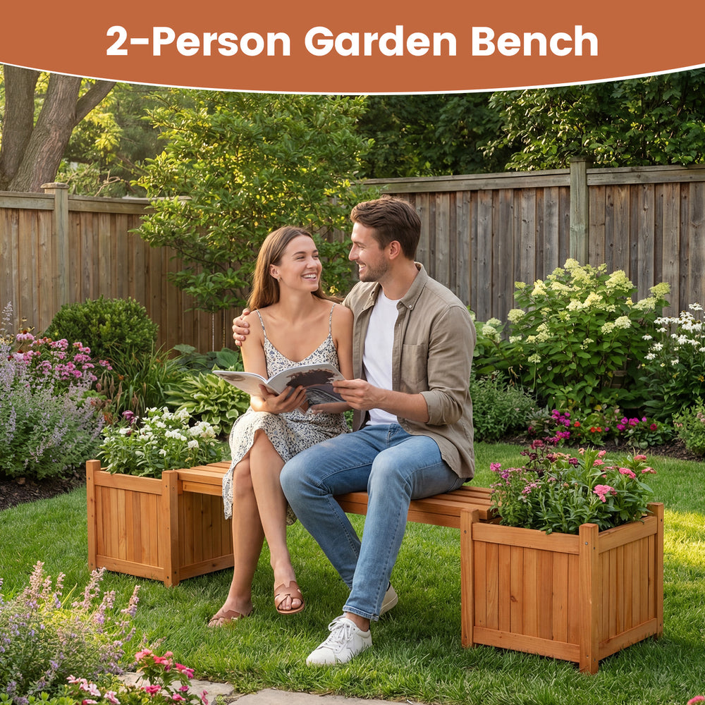 2-person garden bench with hardwood planter boxes, perfect for outdoor relaxation and gardening in your backyard.