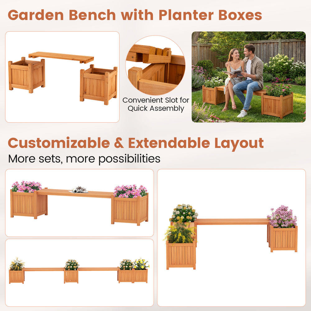 Garden bench with two side flower boxes in high-quality wood, perfect for outdoor relaxation and gardening.