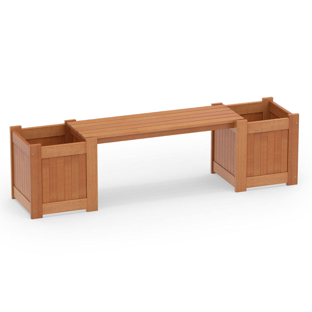 Hardwood planter box with bench features two side flower boxes, ideal for gardening and outdoor relaxation on the patio.
