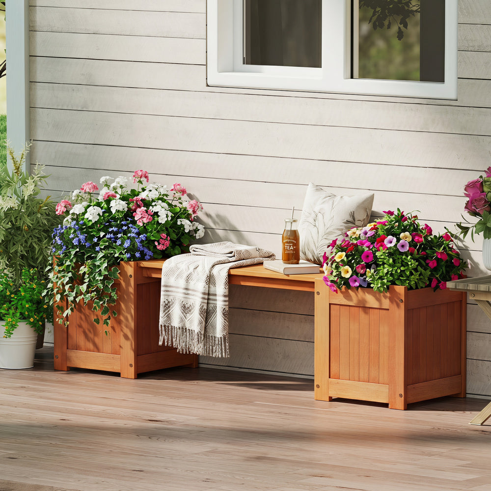 Hardwood planter box with bench features two side flower boxes, perfect for outdoor gardens and rustic patio decor.