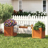 Hardwood planter box with bench and two side flower boxes, perfect for outdoor gardening and relaxation in rustic style.
