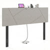 Geometric gray upholstered headboard for full and queen size beds with charging ports and rubber wood legs.