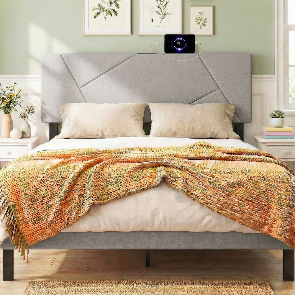 Headboard for Full Size Bed and Queen Geometric Upholstered Head Board-Gray - Gallery View 1 of 11