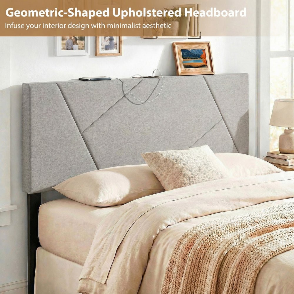 Geometric upholstered headboard in gray for full and queen size beds, featuring USB and Type-C charging ports.