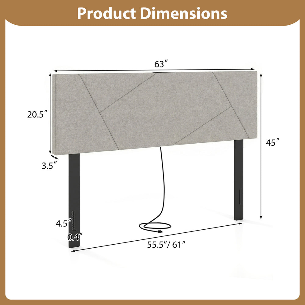 Geometric upholstered headboard in gray, 63" wide, with USB and AC outlets for full and queen size beds.