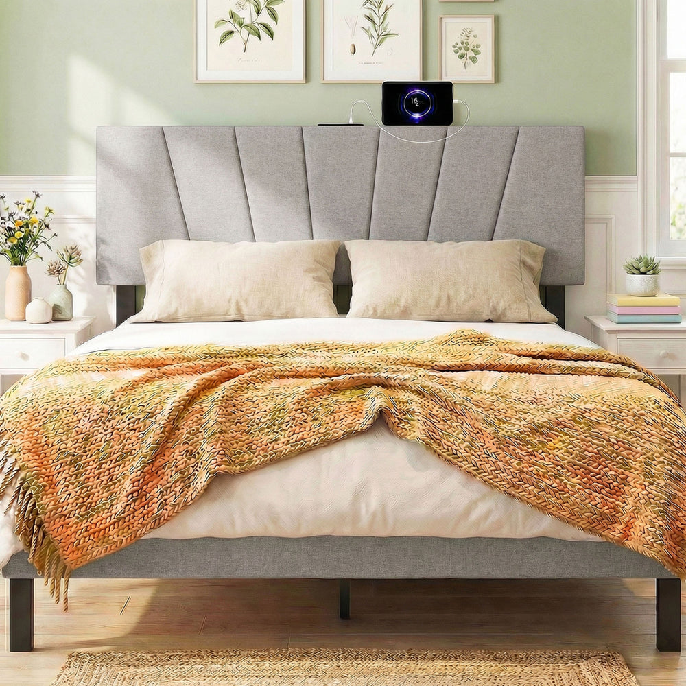 Geometric gray upholstered headboard for queen and full size beds, featuring charging ports and soft sponge filling.