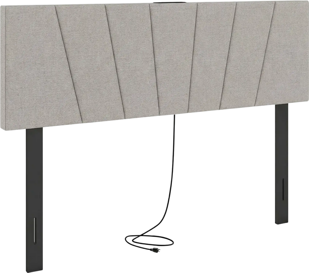 Geometric upholstered headboard in gray with rubber wood legs, featuring charging ports, for queen and full size beds.