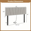 Geometric upholstered headboard in gray with dimensions, featuring rubber wood legs and charging ports for queen and.