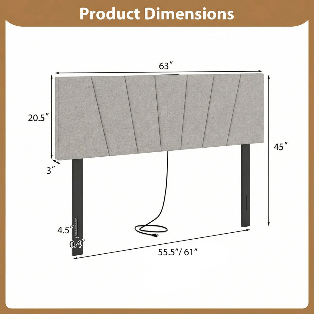 Geometric upholstered headboard in gray with dimensions, featuring rubber wood legs and charging ports for queen and.