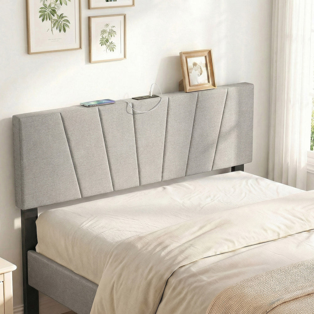 Geometric gray upholstered headboard for queen and full size beds with USB and Type-C ports for convenient charging.