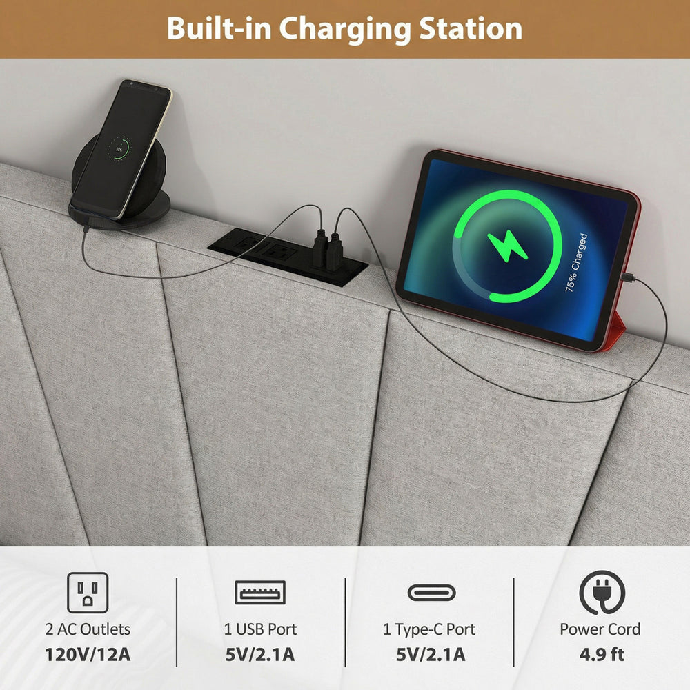 Geometric upholstered headboard in gray with built-in charging station, featuring AC outlets, USB, and Type-C ports.
