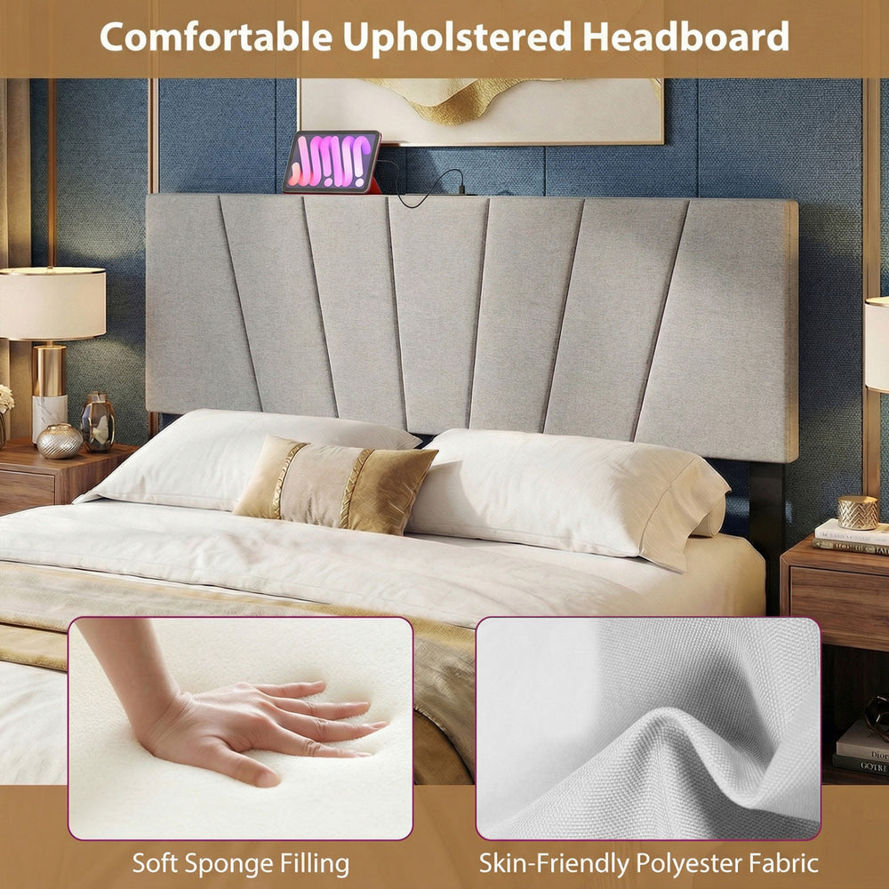 Geometric upholstered headboard in gray with soft sponge filling and USB ports, ideal for queen and full size beds.