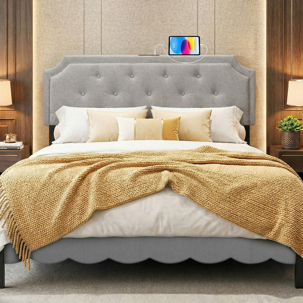 Tufted gray upholstered headboard for queen and full size beds, featuring charging ports and soft sponge filling for.