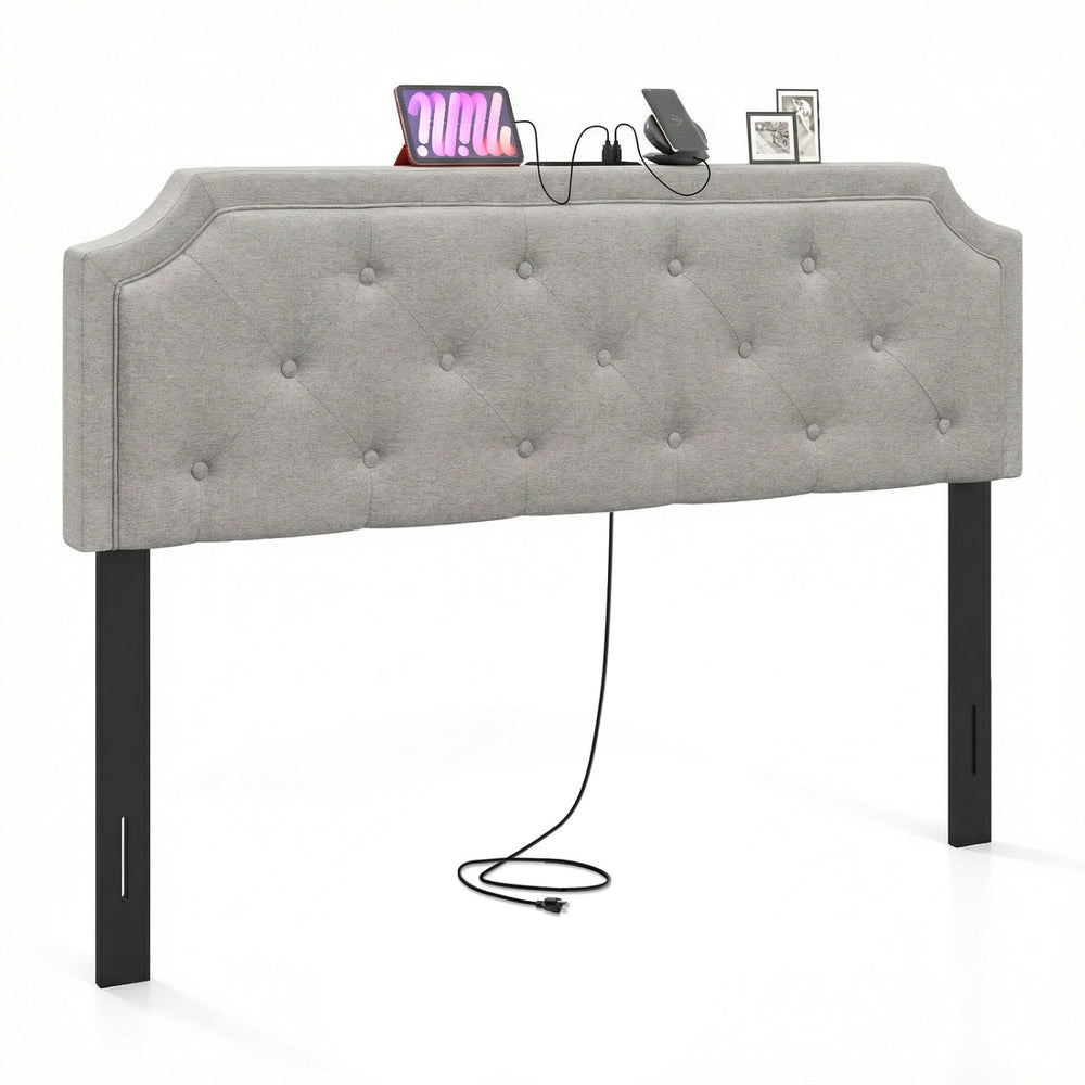 Tufted gray upholstered headboard for queen and full size beds with charging ports, featuring rubber wood legs.