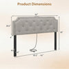 Tufted gray headboard for queen and full size beds, featuring rubber wood legs and built-in charging ports.