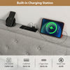Tufted gray upholstered headboard with built-in charging station, featuring AC outlets and USB ports for convenience.