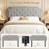 Tufted gray headboard for queen and full size beds, featuring adjustable width and convenient USB charging ports.
