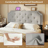Tufted gray upholstered headboard with soft sponge filling and charging ports, suitable for queen and full size beds.