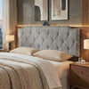 Rivet tufted gray upholstered headboard for queen and full size beds with USB and Type-C charging ports.