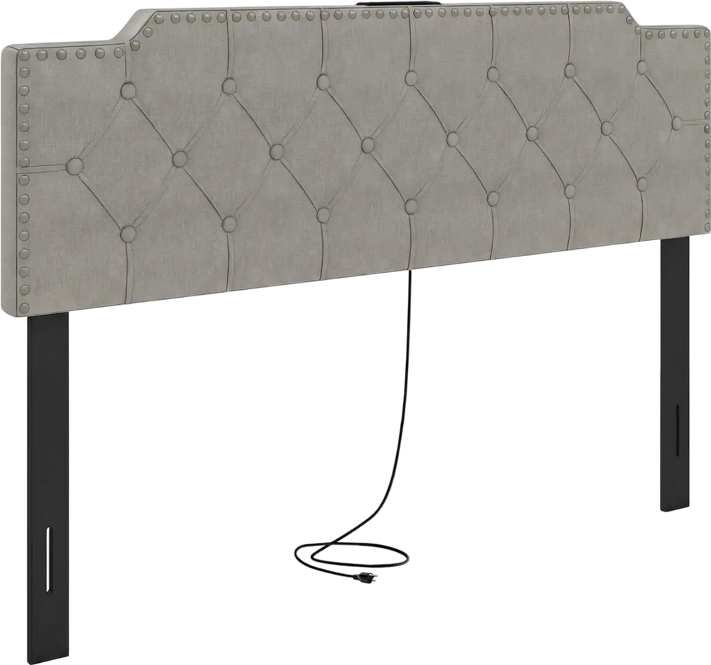 Rivet tufted gray upholstered headboard with rubber wood legs and charging ports, suitable for queen and full size beds.