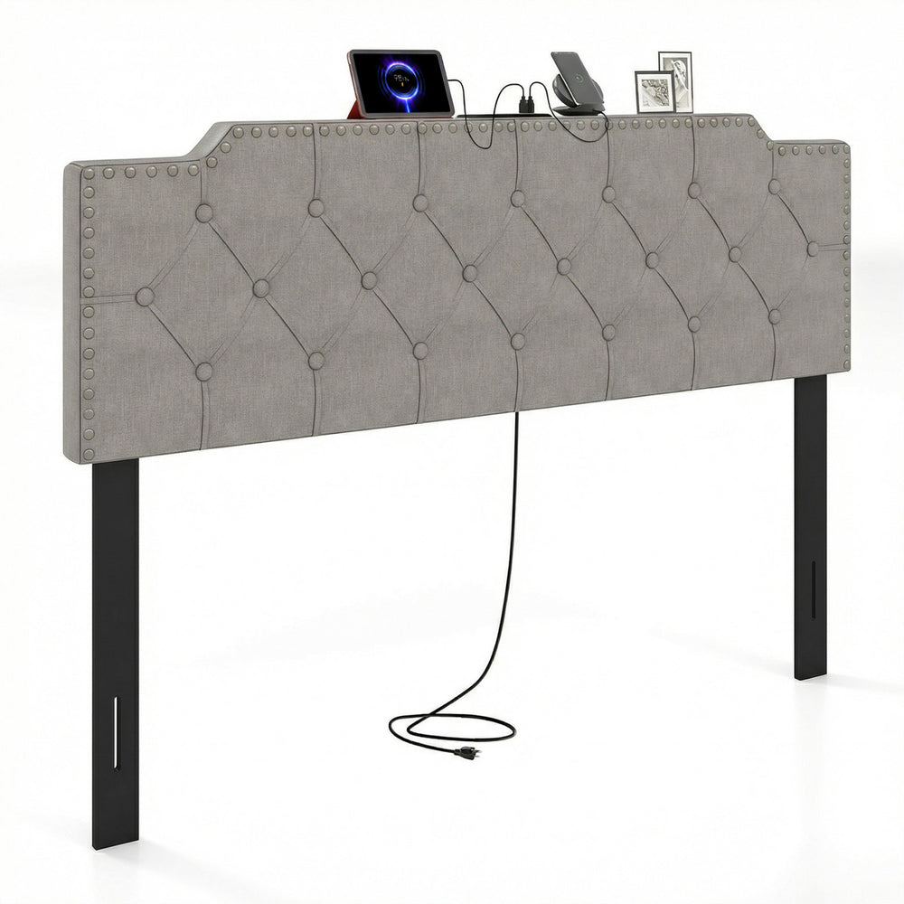 Rivet tufted gray upholstered headboard with USB and AC outlets, designed for full and queen size beds.