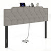 Rivet tufted gray upholstered headboard with USB and AC outlets, designed for full and queen size beds.