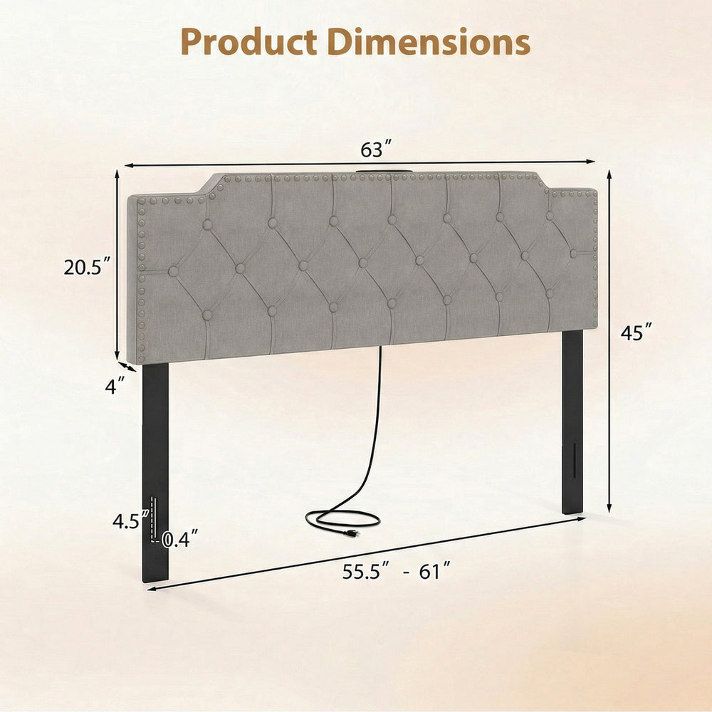 Rivet tufted gray headboard dimensions with rubber wood legs, USB and Type-C ports for queen and full size beds.
