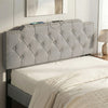 Gray tufted upholstered headboard with rivets, featuring USB and Type-C ports, suitable for queen and full size beds.