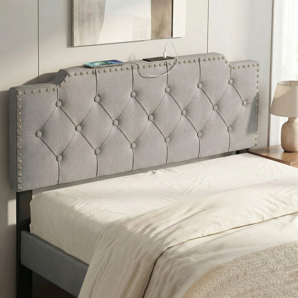 Gray tufted upholstered headboard with rivets, featuring USB and Type-C ports, suitable for queen and full size beds.