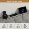 Rivet tufted gray upholstered headboard with built-in charging station, featuring AC outlets, USB, and Type-C ports.