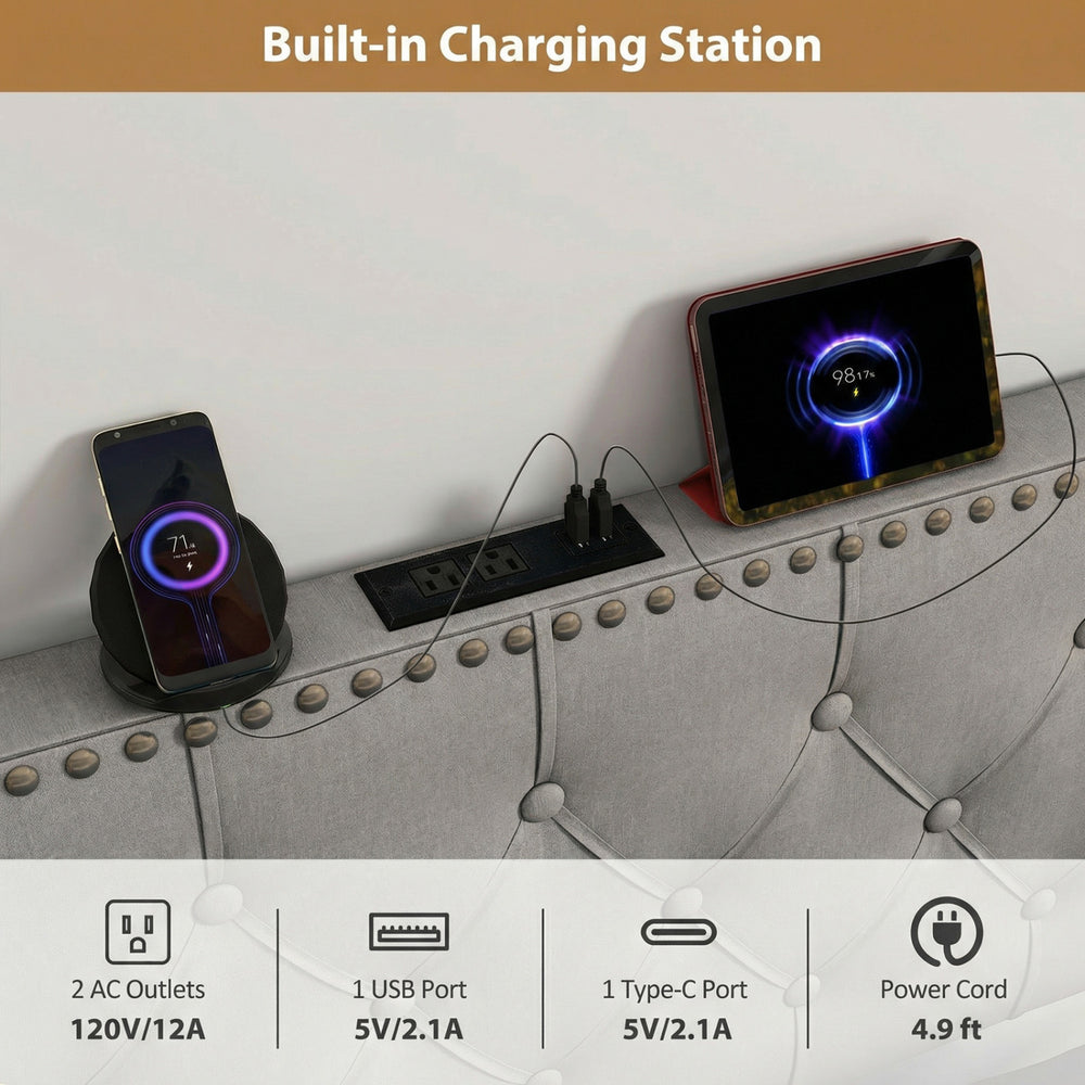 Rivet tufted gray upholstered headboard with built-in charging station, featuring AC outlets, USB, and Type-C ports.