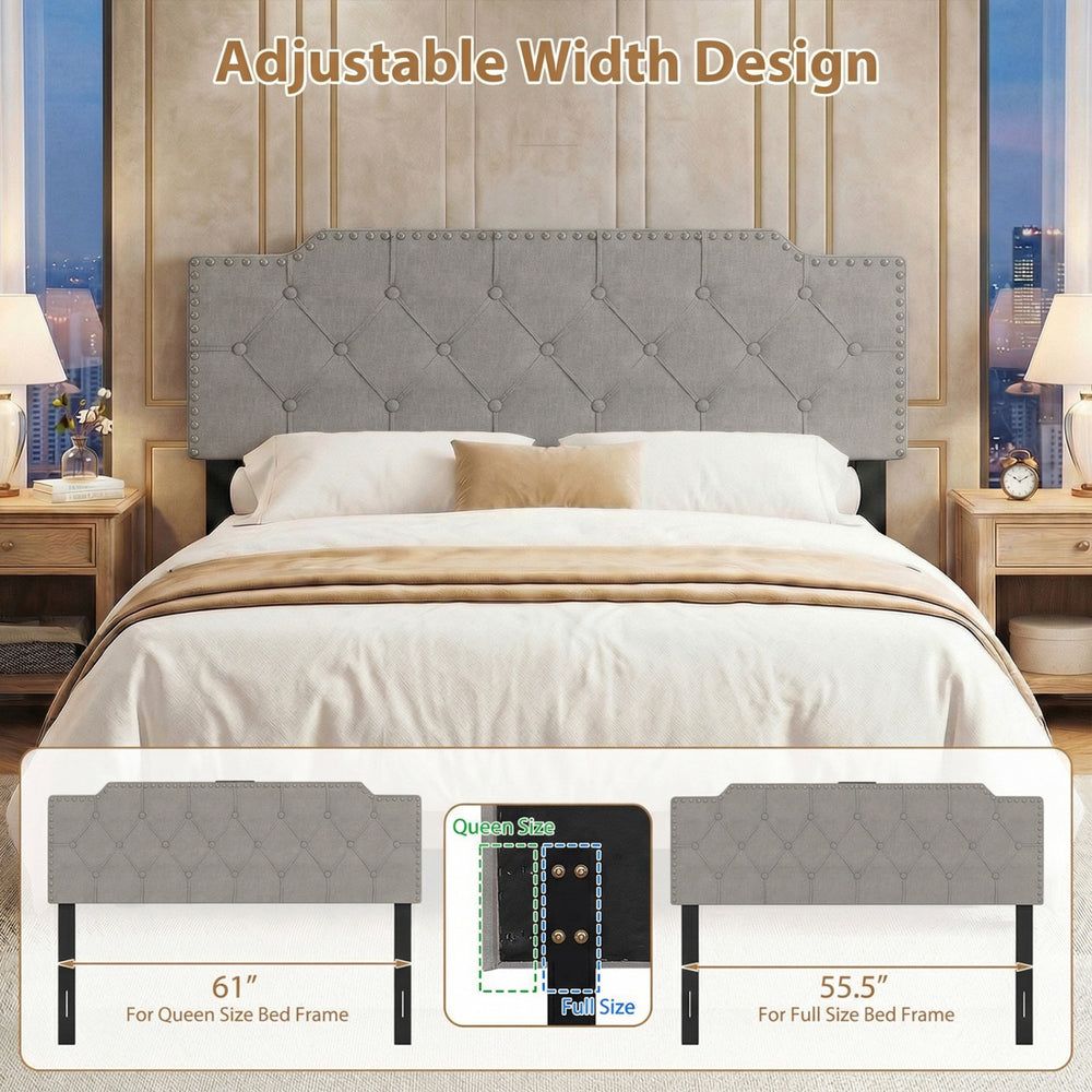 Gray tufted headboard for queen and full size beds, featuring adjustable width and convenient USB charging ports.