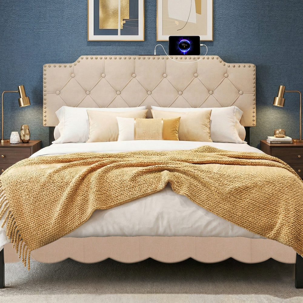 Headboard for Queen and Full Size Bed Rivet Tufted Upholstered Head Board-Beige - Gallery View 1 of 11