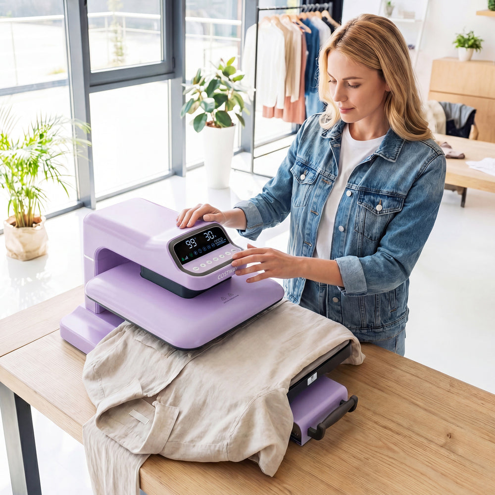 Heat press machine in purple with a 15 x 15 inch plate, designed for T-shirt transfers and featuring auto release.