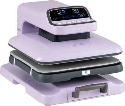 Heat press machine in purple with 15 x 15 inch plate, featuring auto release and adjustable temperature for T-shirt.