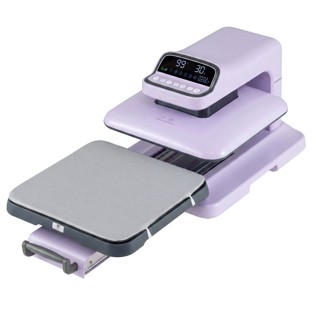 Heat press machine in purple with 15x15 inch plate, auto release, and adjustable temperature for T-shirt transfers.