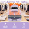 Heat press machine in purple with 15x15 inch plate, 1500W dual-tube heating, and auto shutoff for safe t-shirt.