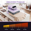 Heat press machine in purple with adjustable pressure levels, suitable for T-shirts and various thicknesses.