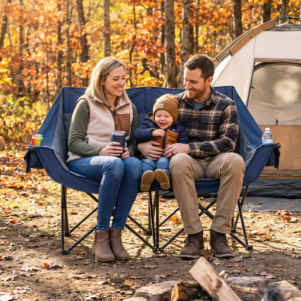 Heated Double Camping Chair with 4 Heating Zones and Wine Glass Holders-Navy - Gallery View 1 of 10
