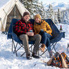 Heated double camping chair in navy showcases a sturdy frame, soft padding, and wine glass holders for cozy outdoor relaxation.