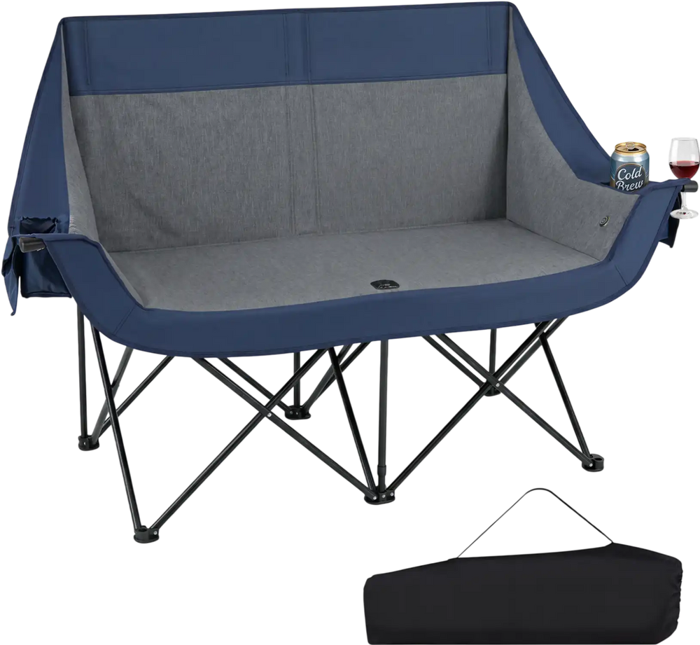 Heated double camping chair in navy with 4 heating zones, wine glass holders, and a sturdy frame for outdoor comfort.