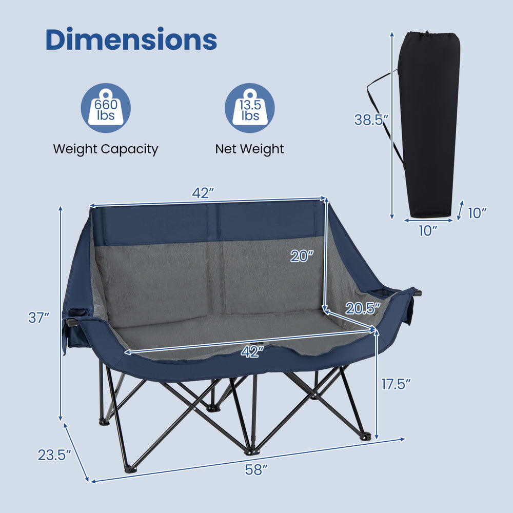 Heated double camping chair in navy features 4 heating zones, wine glass holders, and a sturdy design for outdoor comfort.