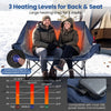 Heated double camping chair in navy features 4 heating zones, 3 heat levels, and wine glass holders for outdoor comfort.