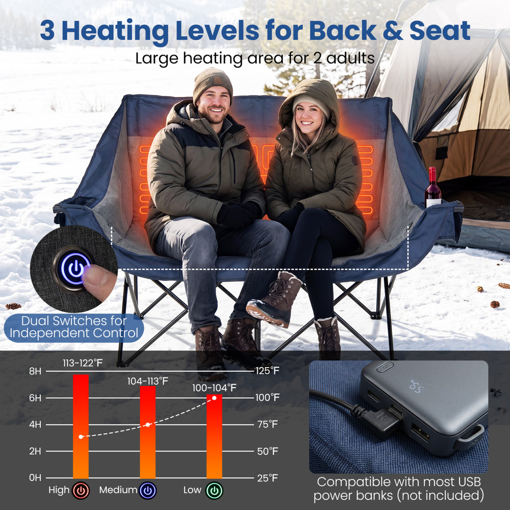 Heated double camping chair in navy features 4 heating zones, 3 heat levels, and wine glass holders for outdoor comfort.