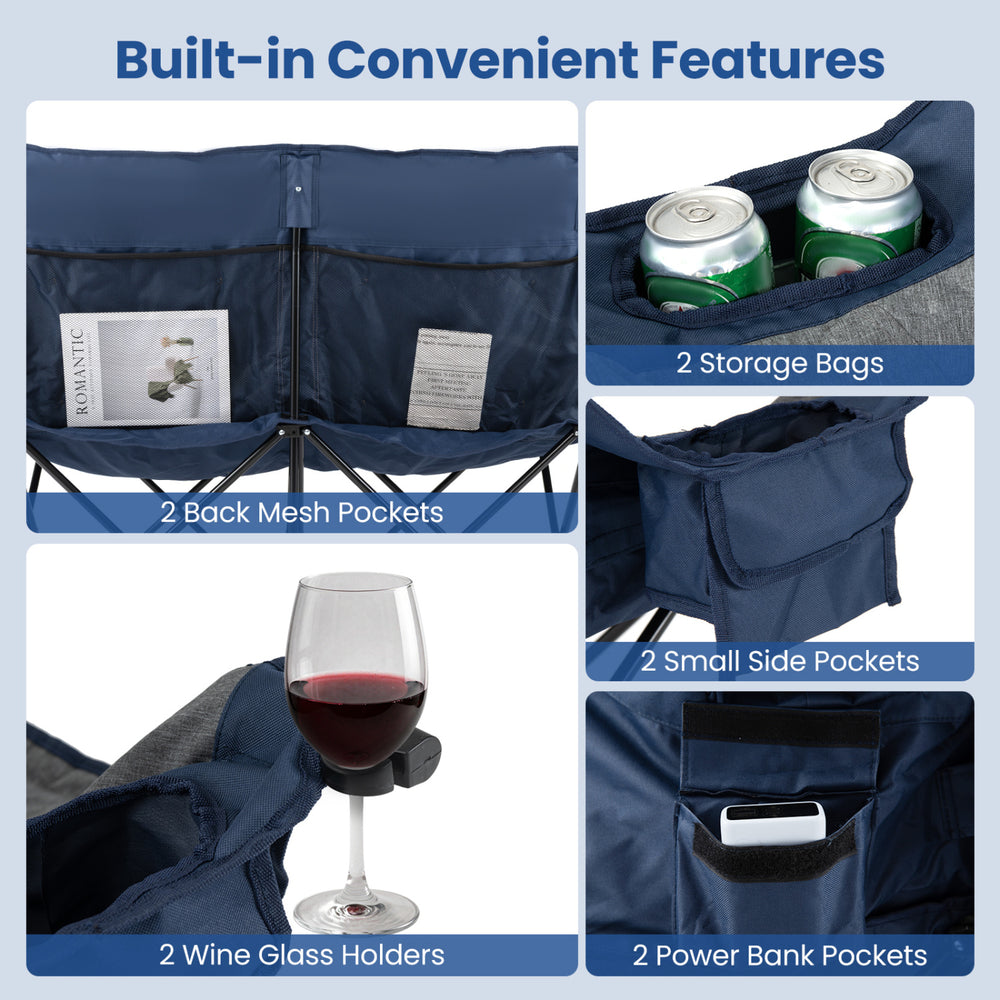 The navy heated double camping chair features wine glass holders, storage bags, and multiple pockets for convenience.