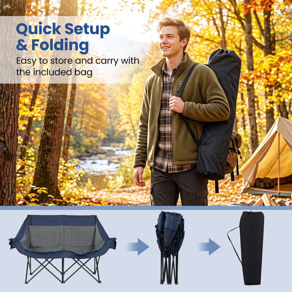 Heated double camping chair in navy features 4 heating zones, wine glass holders, and a folding design for easy transport.
